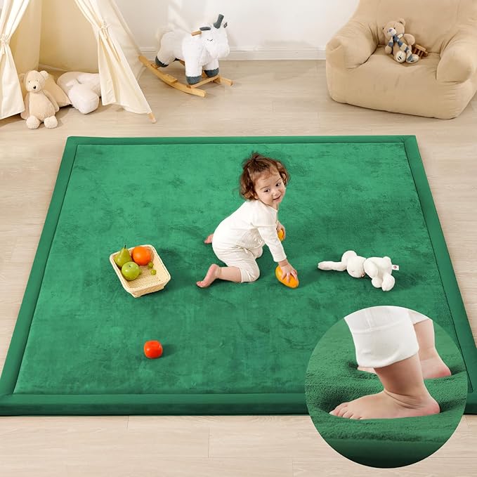 1.3" Thick Baby Floor Play Mat, 59x79 Padded Foam Tummy Time Crawling Mat, Non-Slip Water-Repellent Soft Plush Nursey Area Rug for Playroom Bedroom Living Room (Emerald)