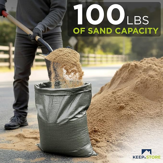 Heavy Duty Sand Bags Pack of 5, Army Green Empty Sandbags with Built-In Ties, Woven Polypropylene UV Protection 1600 Hours, Fillable Bags for Flood Control, Weight, 20x36 inches, 100 Pounds Volume
