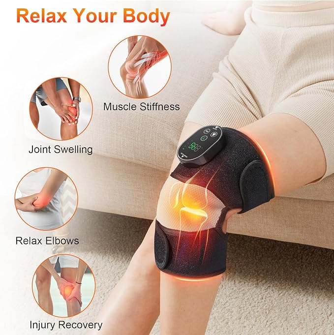 Cordless Heated Knee Massager, FSA Eligible 3-in-1 Wearable Wrap for Knee, Elbow and Shoulder, Rechargeable Heat and Vibration Massager, 6 Heat Levels, 3 Massage Modes