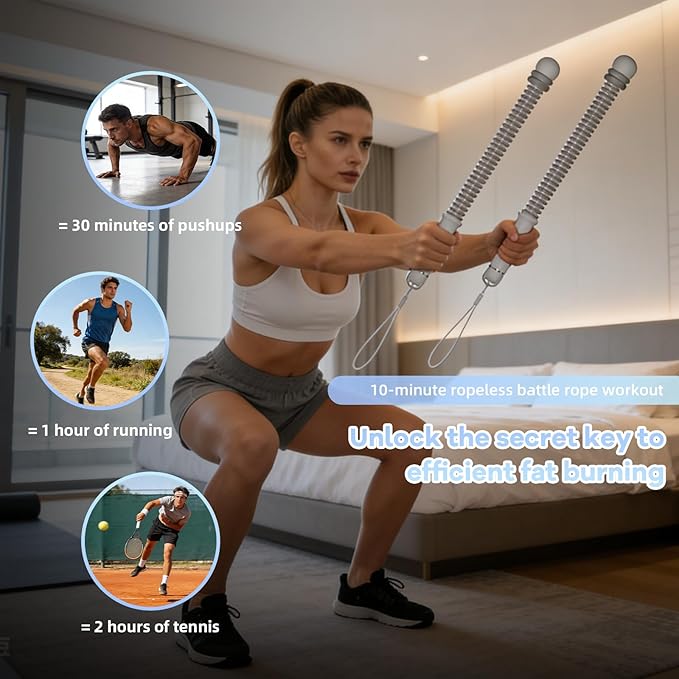 Ropeless Battle Ropes，Portable Workout Rope for Strength Building, HIIT and Low-Impact Aerobic Training for Men & Women (Gray)