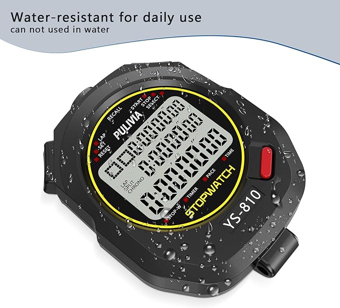 Stopwatch Timer 10 Splits/Laps Digital Stop Watch for Sports, Countdown Alarm Clock Date Memory Recall Large Display, Stopwatch for Coaches PE-Teacher Referee (Black, 10 Splits/laps)