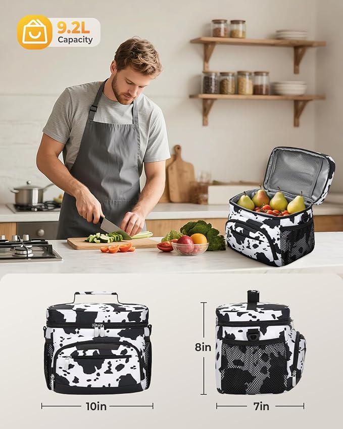 Lunch Boxs for Women/men Insulated Lunch bag,Leakproof Lunchbox with Adjustable Shoulder Strap for Adults,Soft Cooler Tote Bag for Office Fitness Picnic Beach Travel - Cow Print 12-Can(8L)