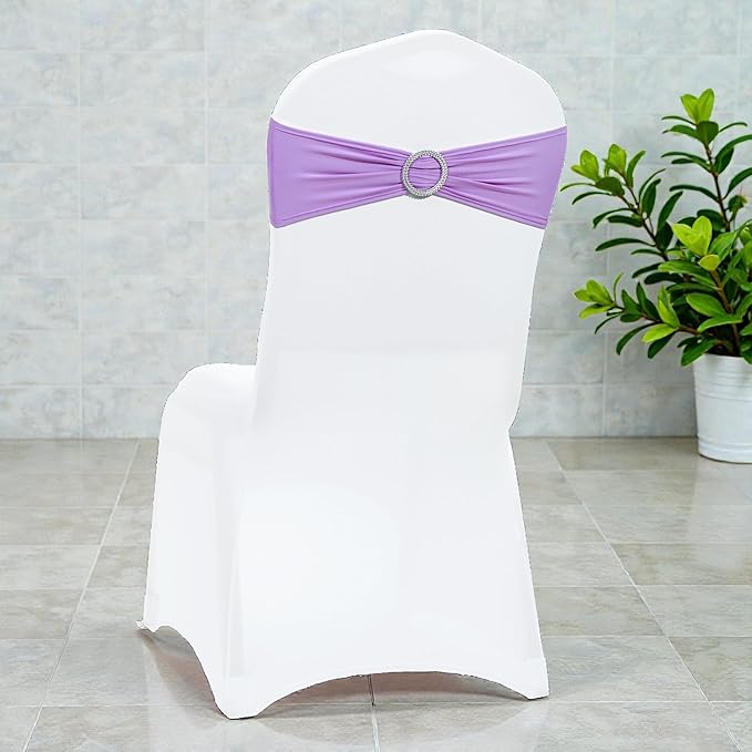 MDS Pack of 100 Spandex Chair Sashes Bow Premium Stretch Chair Cover Band with Buckle Slider Universal fits Elastic Dining Chair Ties for Wedding Party Banquet Events Decoration - Lavender