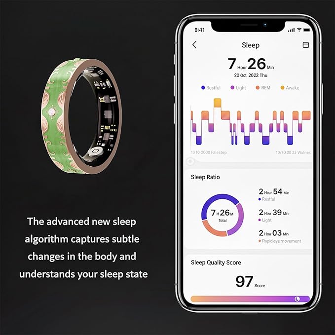 Smart Ring for Women Gift, Fitness & Vital Signs Monitoring, Sleep Tracker/Remote Photography/No Subscription(Green,7#)