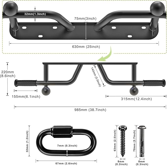 Pull Up Bar Wall Mount 440 LBS Capacity Doorway Chin Up Bar Multifunctional Steel Chinup Bar with with Resistance Band Hooks for Indoor Home Gym Garage