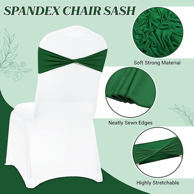 MDS Pack of 50 Spandex Chair Sashes Bows Elastic Stretch Dining Chair Bands Ties Without Slider Buckle Universal fits for Wedding Baby Shower Birthday Party Banquet Event Decoration - Green