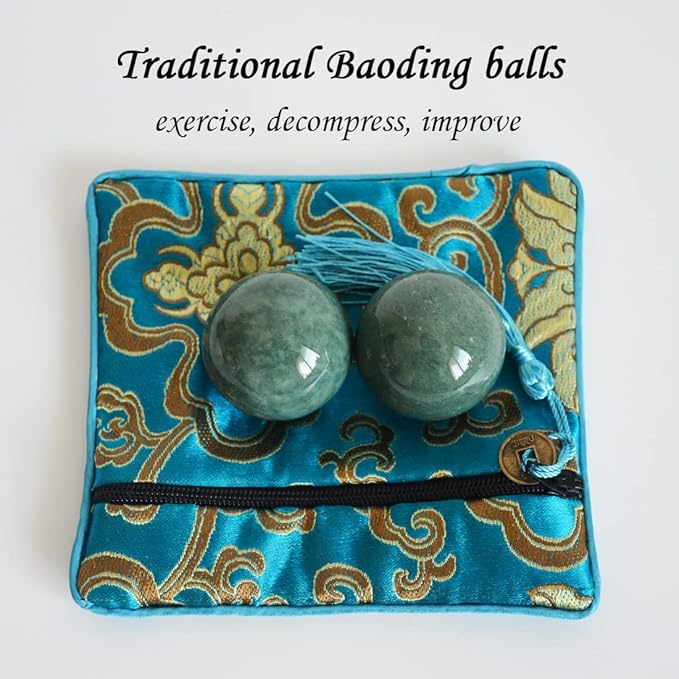 Chinese Baoding Balls Green Marble Exercise Health Stress Relieve Relax Fingers Zen Tai Chi Ball Therapy Fitness Arthritis Thumb Massager Gift for Hands (1.4 inches, Green with Bag)