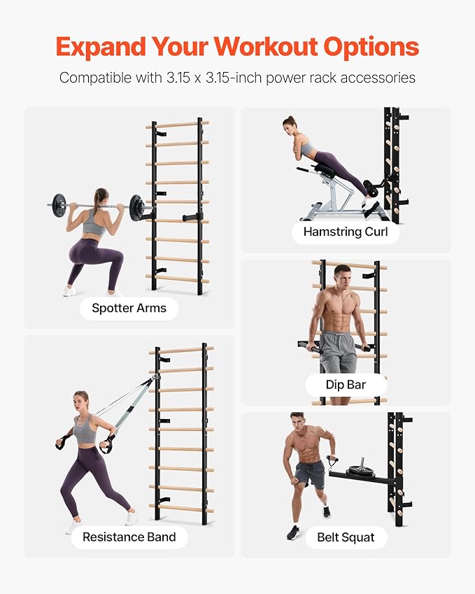 VEVOR Swedish Ladder Wall Gym, 9-Level Swedish Ladder Suspension Trainer, 330LBS Loading Solid Wood + Carbon Steel Gymnastics Stall Bars for Adult, Compatible with 3.15" x 3.15" Power Rack Accessories