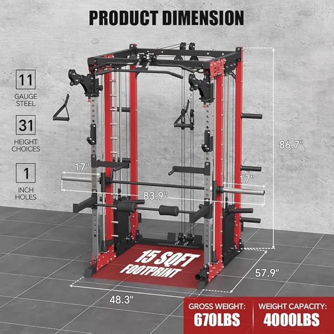 Commercial Smithe Machine with Dual Weight Stacks, Power Cage Squat Rack with Lever Arm & Leg Press Attachment, Multi-Function Linear Bearing Cable Crossover Machine for Home Gym