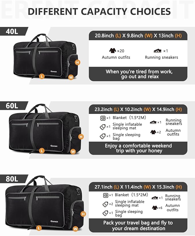 Gonex Large Foldable Travel Duffle Bag with Shoes Compartment, Packable Lightweight Water Repellent Duffel Bag for Camping Gym Weekender Bag