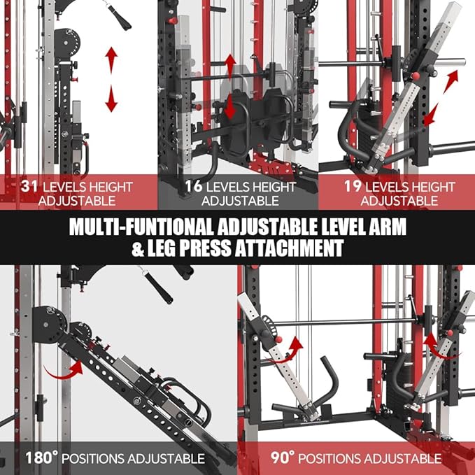 Commercial Smithe Machine with Dual Weight Stacks, Power Cage Squat Rack with Lever Arm & Leg Press Attachment, Multi-Function Linear Bearing Cable Crossover Machine for Home Gym