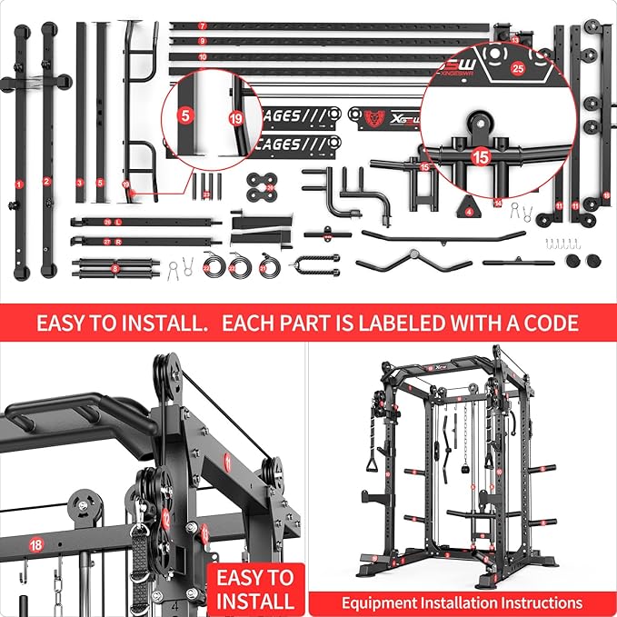Multi-Purpose Squat Rack,Smith Machine Weight Rack Set with Cable Crossover System, Home Gym Power Racks, Power Racks and Packages