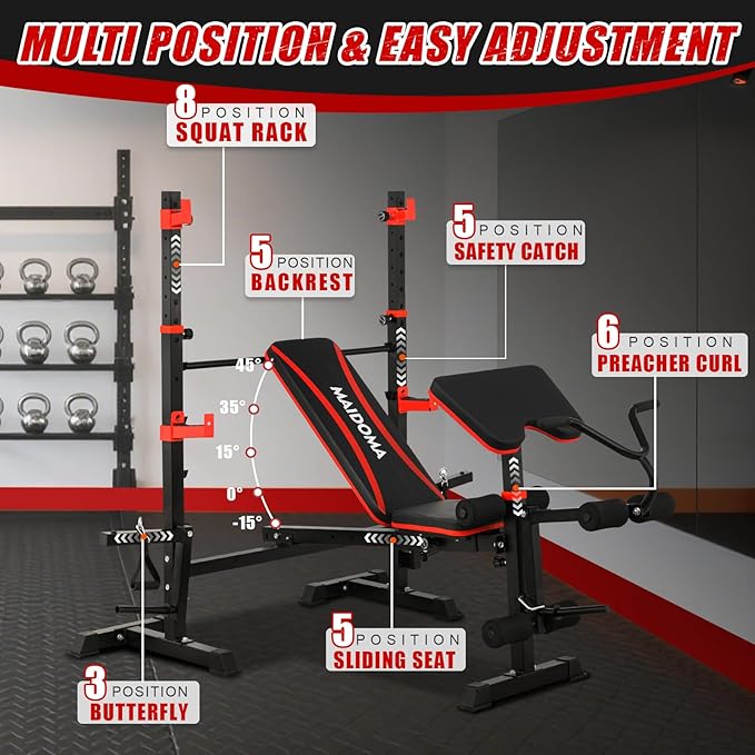 1500LBS 8 in 1 Weight Bench Set with Leg Extension/Curl and Preacher Curl, Bench Press Set and Barbell Rack with Safety Bar Catches, Foldable Workout Benches for Home(US Stock)