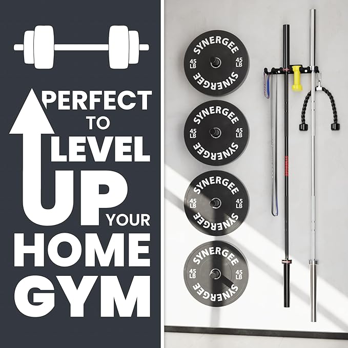 Synergee Wall Mounted Barbell Holder & Gym Accessory Rack – Heavy Duty Steel Storage for Barbells, Collars, Bands, and Fitness Gear – Space Saving Home Gym Equipment Organizer