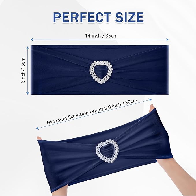 Howhic Pack of 30 Spandex Chair Sashes Bows Stretch Chair Cover Band with Buckle Slider Universal Elastic Chair Ties for Wedding Banquet Party Event Decoration (Navy)