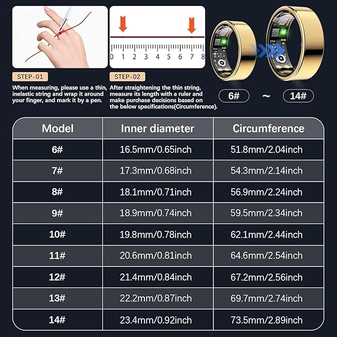 SEEVEN Smart Ring for Women Men, Fit Ring with Heart Rate, Blood Oxygen, HRV, Sleep Monitor, Stress, Step Counter, IP68 Waterproof Fitness Rings for iPhone & Android, No Subscription Fee (Gold, 13#)