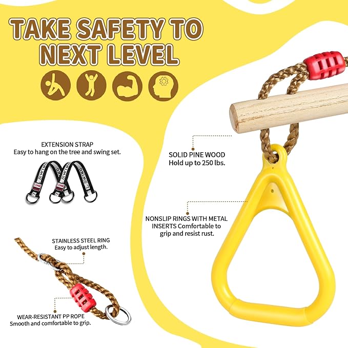 LadyRosian Wooden Trapeze Swing Bar, Adjustable Height Swing Set, Gym Rings, Playground Attachments, 16.5" Monkey Bar for Backyard, Playground, Playroom