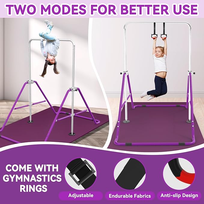 Gymnastics Bar for Kids with Gymnastics Rings, Height Adjustable Gymnastics Horizontal Bar, Foldable Bar Gymnastics Equipment for Home Room Indoor Outdoor Gym Practics, Gymnastic Bar