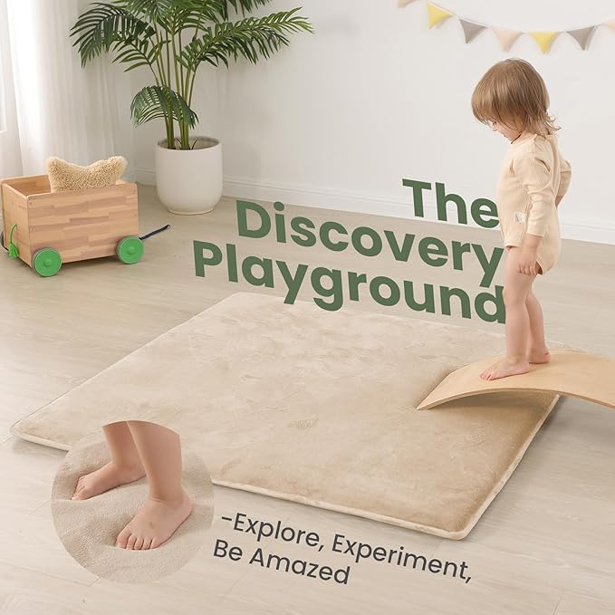 Baby Play Mat for Floor,1.3" Thick Elasti-Foam 50"×50" Playpen Mat for Tummy Time,Water Repellent Soft Coral Velvet for Toddler,Infant,Kids,Non-Slip Backing Safe for Crawling(Beige)