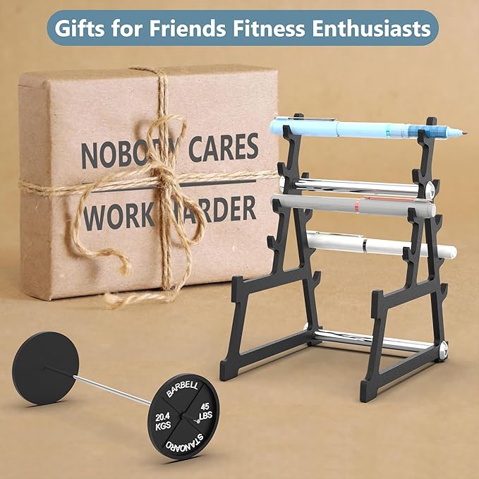 Metal Squat Rack Pen Holder with 8 Slots Mini Metal Barbell & Plastic Weight Blocks Holder Mini Barbell Desk Toy Funny Office Decor for Men Women Cool Pen Holder Gifts for Men (Black)