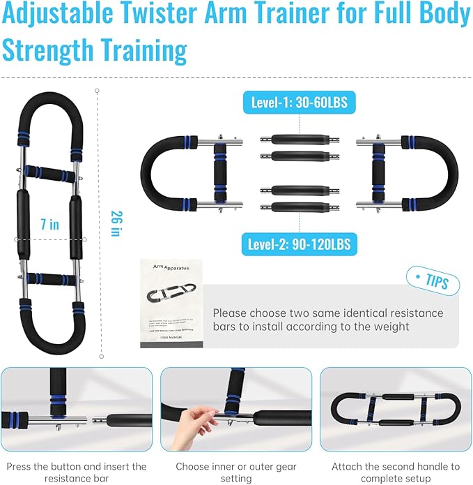 Twister Arm Trainer – Adjustable Resistance 30-120lbs Chest Workout Equipment with 4 Springs, Jump Rope & Wrist Guards for Upper Body Strength & Muscle Training at Home