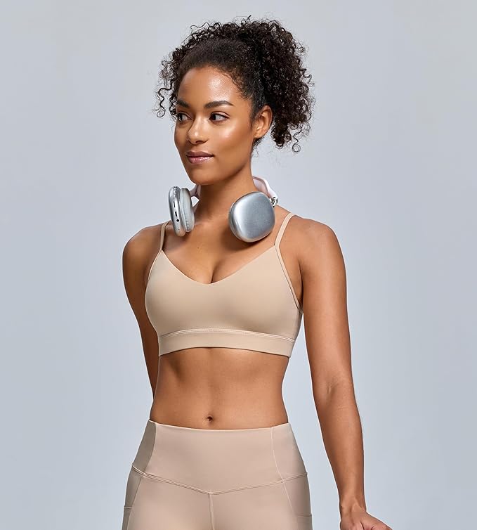 Oalka V Neck Sports Bra for Women Adjustable Padded Thin Straps Wireless Yoga Bras