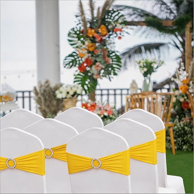 Wedding Yellow Chair Sashes 100 Pack Spandex Chair Bands with Buckles Stretch Chairs Bows for Party Birthday Bridal Shower Engagement Anniversary Christmas Event Decorations