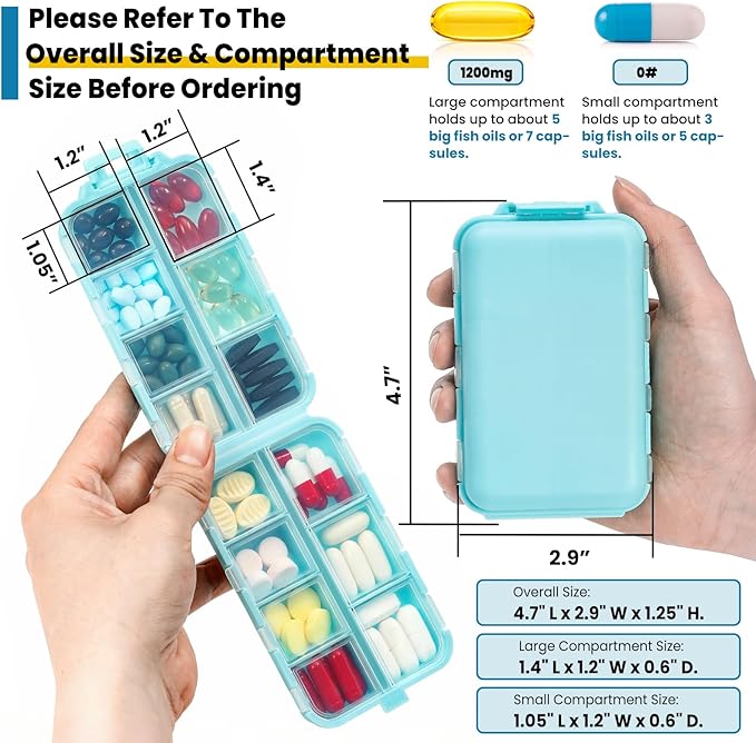 14 Grids Travel Pill Organizer Box with 415-Pcs Medicine Name Labels - Pocket Daily Pharmacy Case Container Kit - Travel Medication Holder Dispenser for Fish Oil Vitamin Supplement Storage - Sky Blue