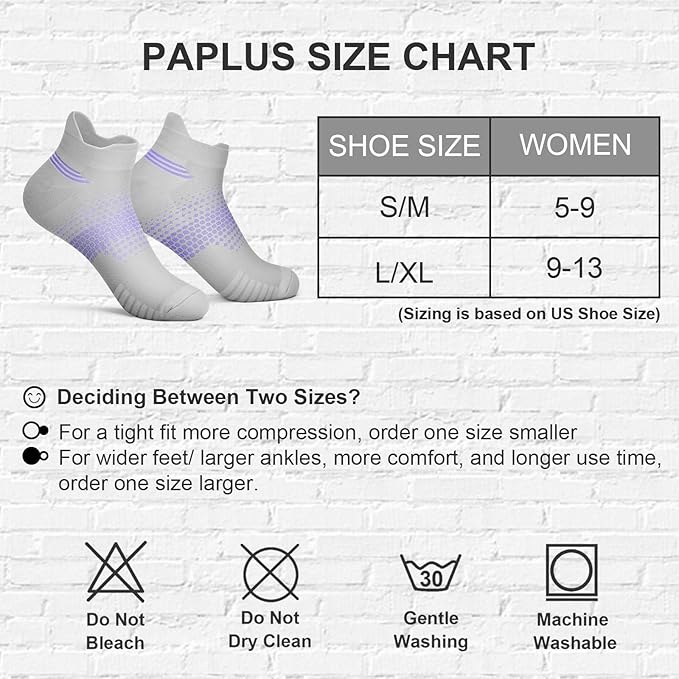 PAPLUS Ankle Compression Socks for Women 6 Pairs, Running Socks with Heel Tab, Cushioned Low Cut Athletic Socks