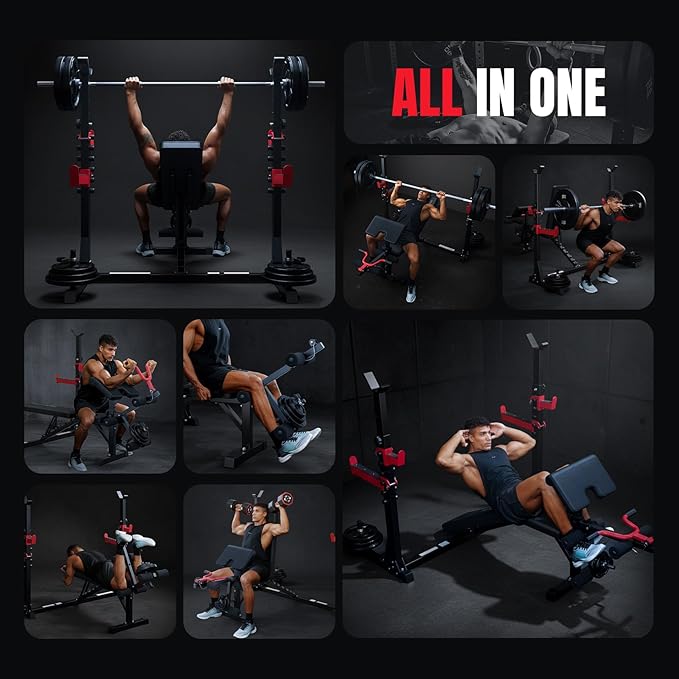 Yoleo Weight Bench with Rack - Bench Press Set, Leg Extension, Preacher Curl & Flat/Incline/Decline Full Body Workout Bench, Adjustable Olympic Weight Benches for Home Gym(47.44IN WIDE GRIP)