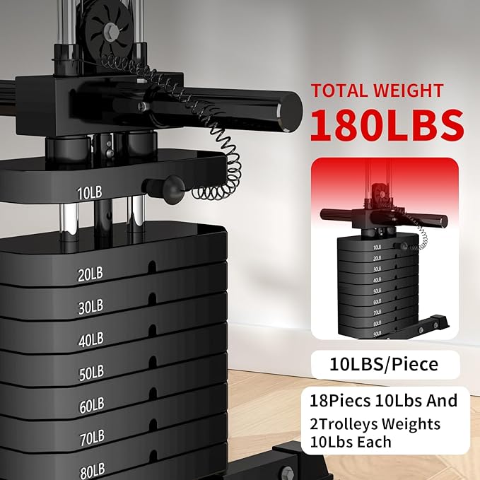 JEEKEE Power Cage with Cable Crossover System, 2200LB Heavy Duty Power Rack with Dual Pulley, 180LB Weight Stack, LAT Pulldown, 20+ Attachments for Home Gym,Black