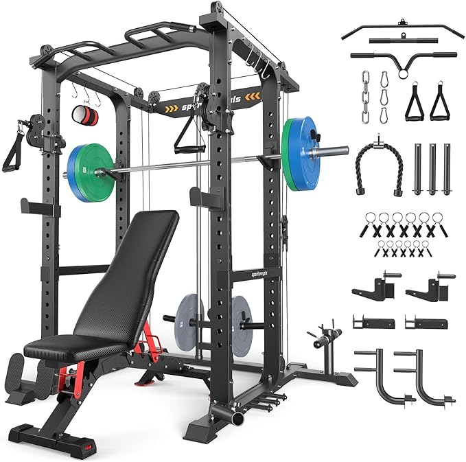 Sportsroyals Squat Rack, LAT Power Cage, Power Rack Multi-Function with Pulley System and Training Attachments for Home Gym