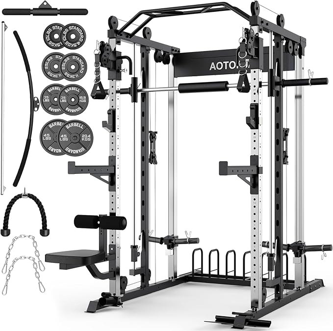 Smith Machine Strength Training Squat Rack with Smith Bar, Power Cage with LAT Pull-Down Systems, Cable Crossover Machine for Home Gym