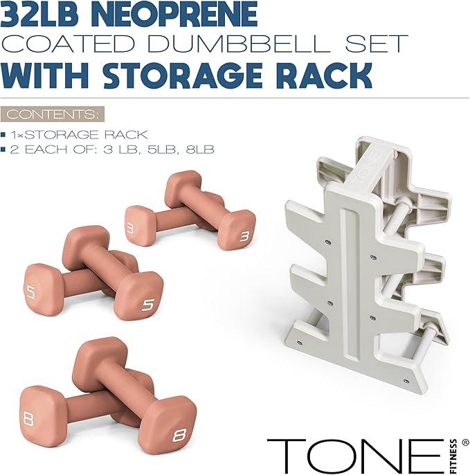 Tone Fitness Neoprene Dumbbell Set with Storage Rack – Non-Slip, Anti-Roll Hand Weights for Home Gym Workouts | 20 lb, 32 lb, 50 lb, 60 lb & 100 lb Options