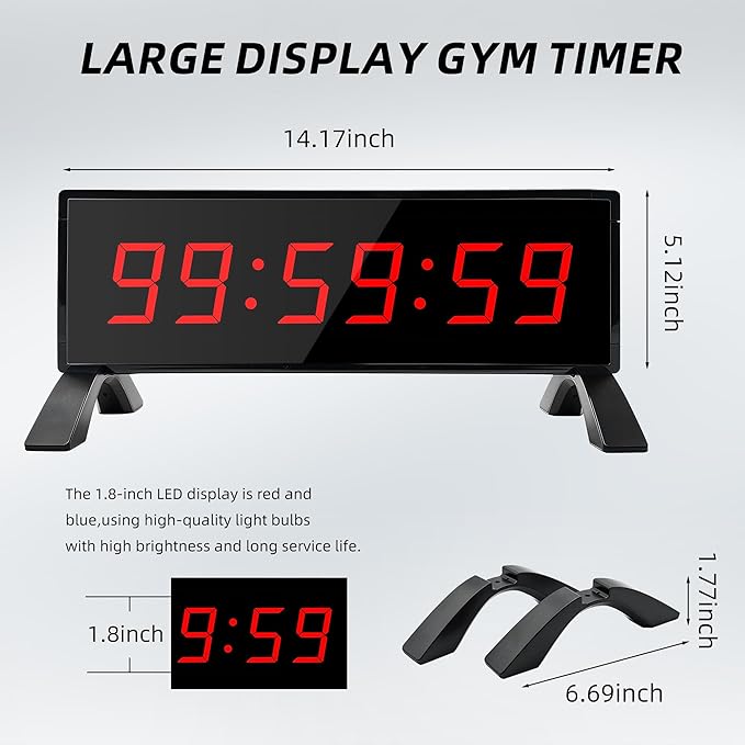 Multifunction Gym Timer with Bracket and Remote Control - 1.8 Large Red LED Display, 4 Modes (Clock/Countdown/Stopwatch/WRC), 99 Cycles, 95dB Alarm, Desktop Mount for Gym Kitchen Lab Classroom