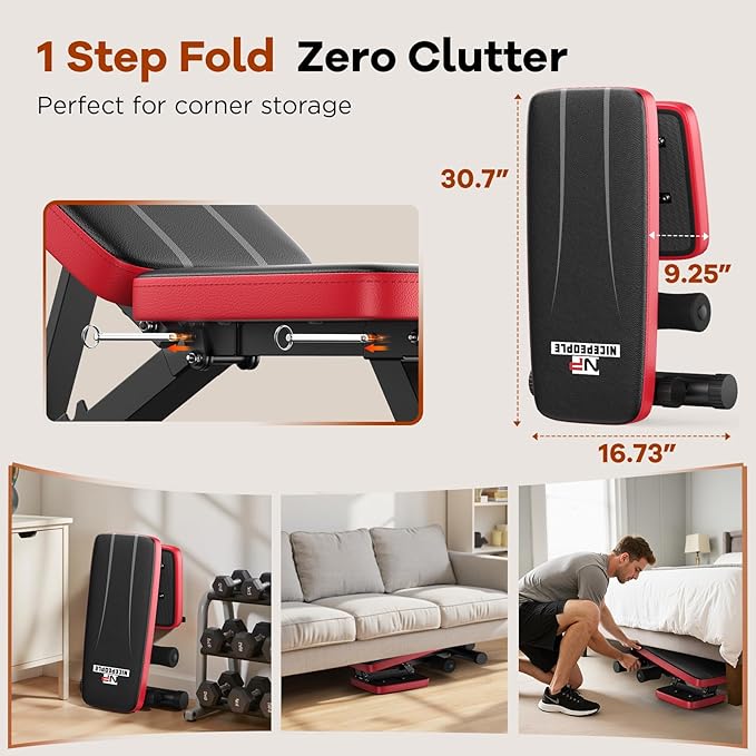 NICEPEOPLE Adjustable Weight Bench for Home Gym, 660LBS Capacity Workout Bench with 8 Backrests for Chest Shoulders Arms, Compact and Foldable Strength Bench for Small Space Apartment Room
