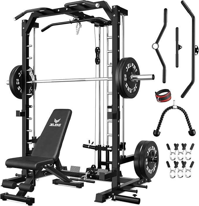JELENS SR01 Smith Machine, 2000LBS Multi-Function Power Cage with LAT Pulldown System, All-in-One Home Gym Squat Rack with Smith Bar and Training Attachments for Full Body Workouts