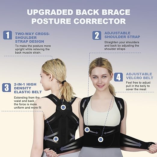 Posture Corrector for Women and Men Upgraded Back Brace, Adjustable Back Support for Upper and Lower Back Pain Relief, Shoulder Straightener for Hunchback, Scoliosis, Lumbar, Spine (Black, Large)
