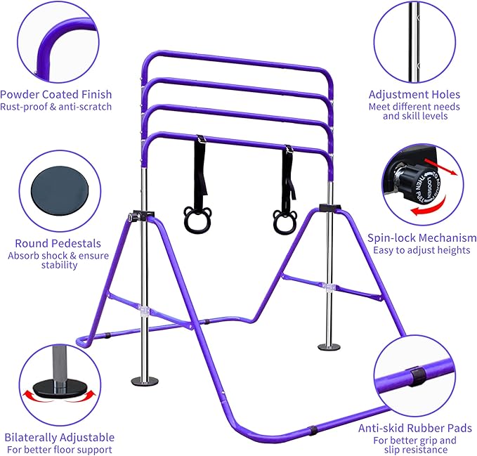 Anwick Gymnastics Bar for Kids - Height Adjustable Horizontal Monkey Bars with Rings, Folding Training Equipment for Indoor Outdoor Home Gym, Kids Exercise Pull Up Bar