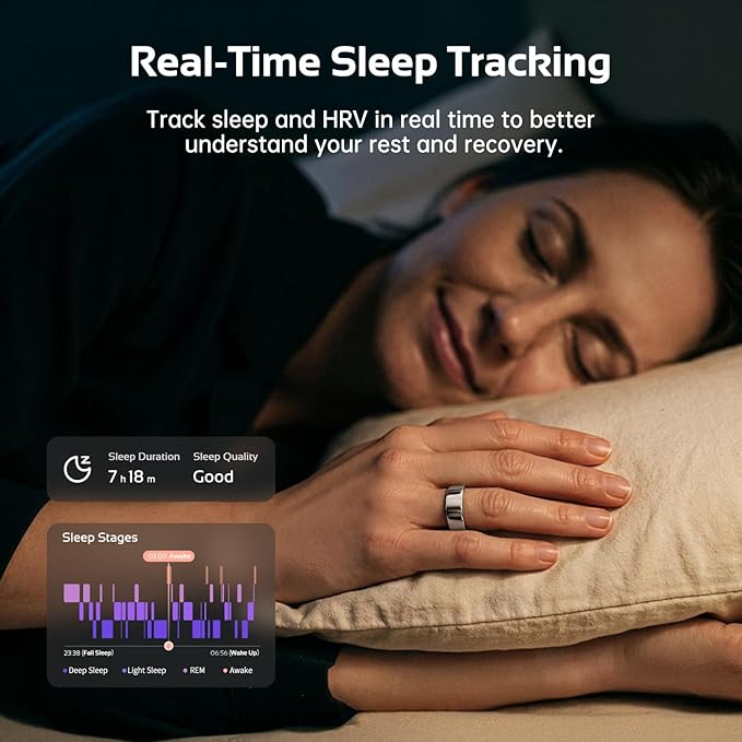 opove O Ring Smart Ring, Fitness Trackers Rings with Sleep/Stress/Heart Rate/Women's Health Monitoring, Comfortable Wearing, Up to 7 Days Using, Fitness Ring for Android & iOS, Silver-Size7