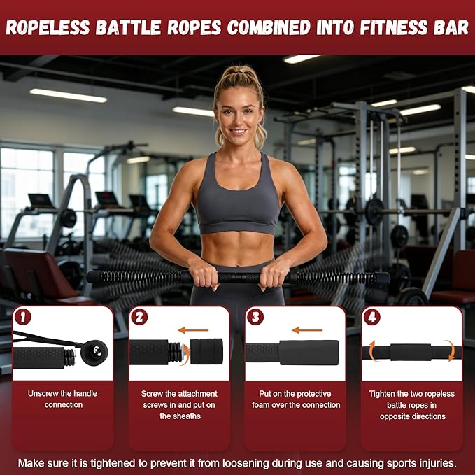 Portable Ropeless Battle Ropes, 2-in-1 Heavy Duty Cordless Battle Ropes for Home Gym (Convertible to Fitness Bar), Strength Building Workout Ropes, Low-Impact Aerobic Training and HIIT for Men & Women