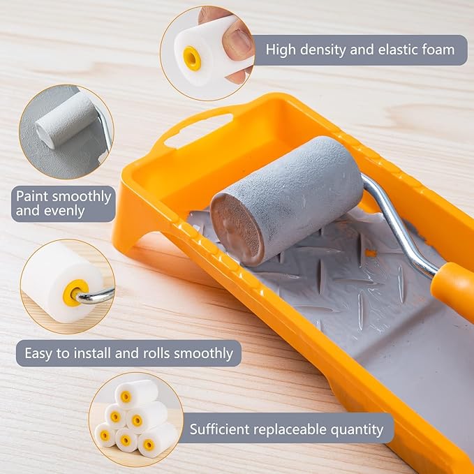 Mister Rui Paint Roller Kit, 2 Inch Foam Paint Rollers 20 Pack, Foam Paint Brushes, Small Paint Roller with Tray, Painter's Tape and Plastic Sheeting, Mini Rollers for Painting Furniture, Stenciling