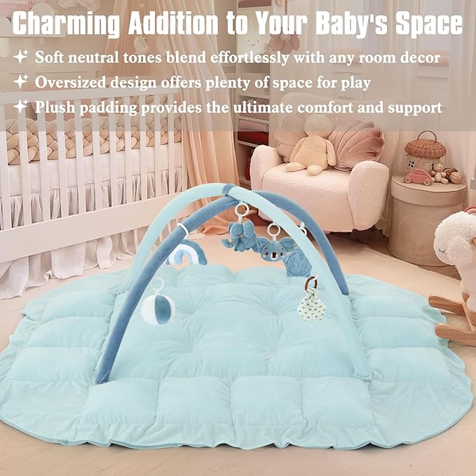5-in-1 Plush Baby Play Gym, Baby Play Mats, Convertible Baby Gym, Tummy time mat, 6 Sensory Toys, Activity Center, Ball Pit, Blue