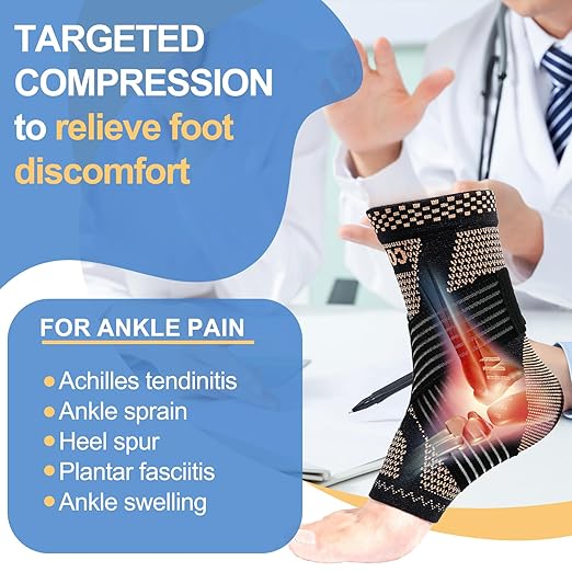 LISEPWU Copper Ankle Brace with Adjustable Compression Bandage, Ankle Support Compression Sleeve for Men & Women, for Foot Pain, Sprained Recovery, Achilles Tendonitis, Sports Protection(Black L)