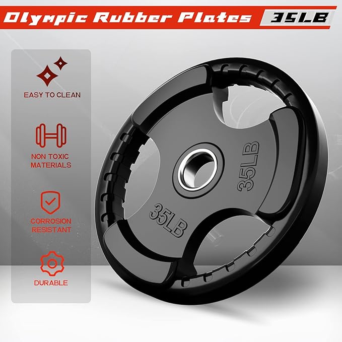 RitFit Weight Plates for Barbell, 2-Inch Olympic Rubber Grip Plates for Weightlifting and Strength Training in Home & Gym, Single, Pair and Sets