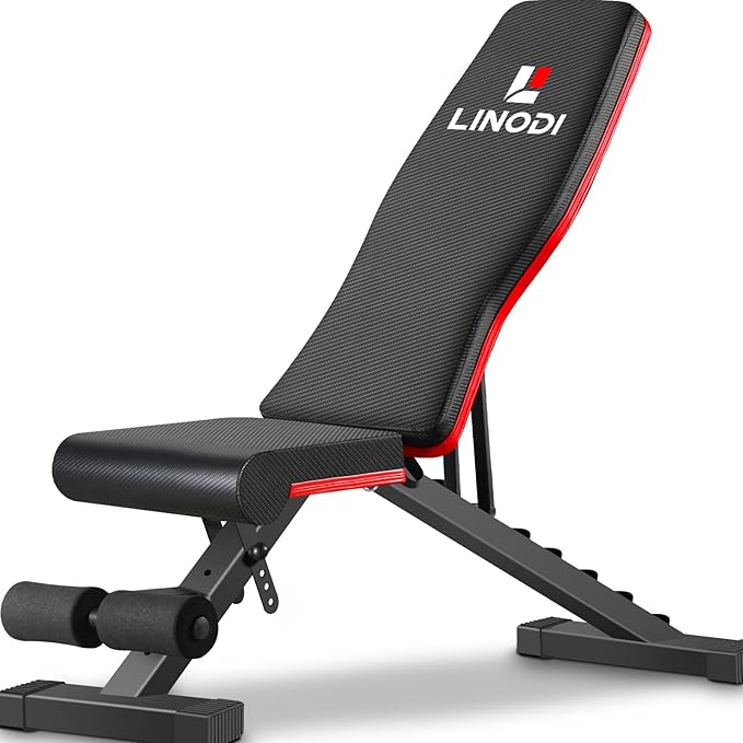 LINODI Adjustable Weight Bench for Home Gym，Foldable Incline Decline Flat Workout Bench for Full Body Strength Training, Dumbbell Press & Ab Exercises