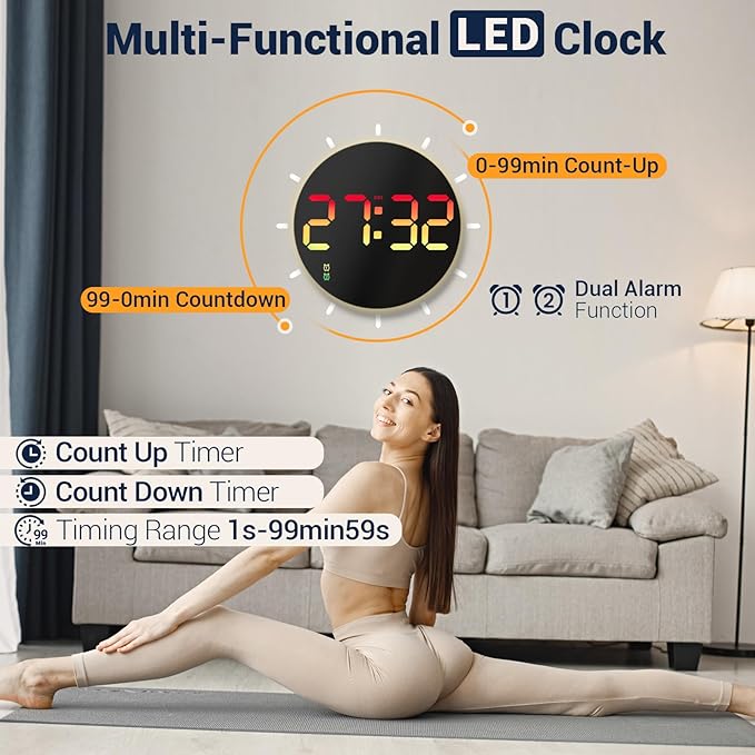 10" Large Digital Wall Clock: 13 RGB Color Changing LED Modern Clock with Remote, Auto-Dimming Large Display for Seniors, Date Temp Timer, Aesthetic Wall Decor for Classroom Dorm Gym Office