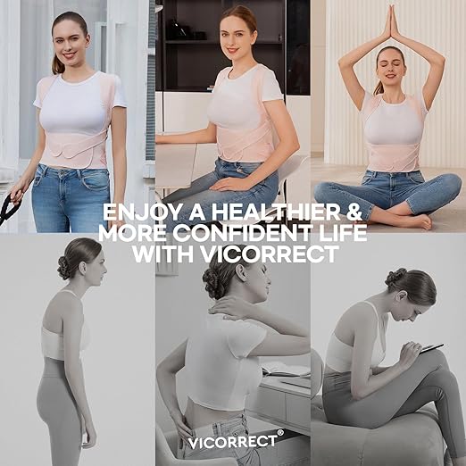 Vicorrect Posture Corrector for Women and Men: Back Support Brace Relieve Upper Back Shoulders Pain (Pink, Large)
