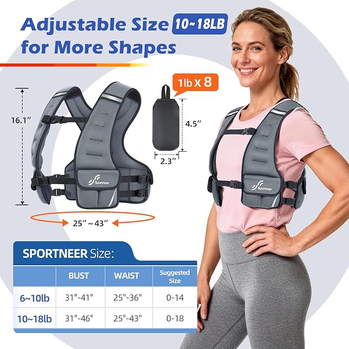 Sportneer Adjustable Weighted Vest Woman: 6-10lb/10-18lb Weighted Walking Vest for Women with 4/8 Weight Packs Fast Adjust Comfortable Weight Vest for Home Gym Burn Calories Strength Training Vests