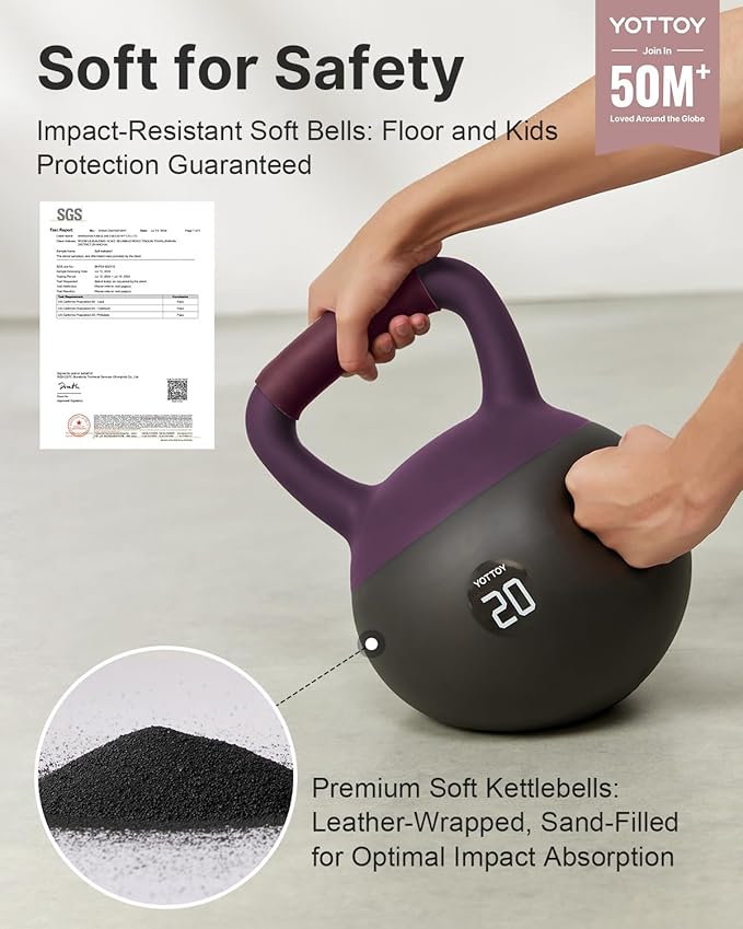 YOTTOY Soft Kettlebell with Leather Handle – Anti-Slip Sweat-Absorbing Grip, Home Gym Kettlebell Weights for Strength Training, Safe Neoprene Kettlebell for Women & Men